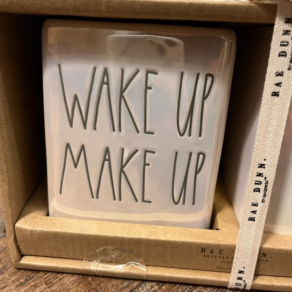 Rae Dunn ‘WAKE UP, MAKE UP” vanity set of two